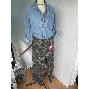 Loveimgs NWT Womens Boyfriend Cargo Barrel Green Tan Jeans Size Large